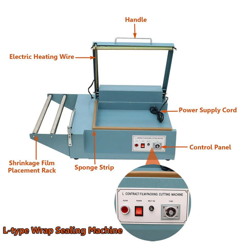 Heavy Duty L Bar Heat Sealer And Shrink Wrapper Machine With Film Racks, 1000W Power Impulse Wrapper For POF Folding Film, Compact design with control panel and handle.