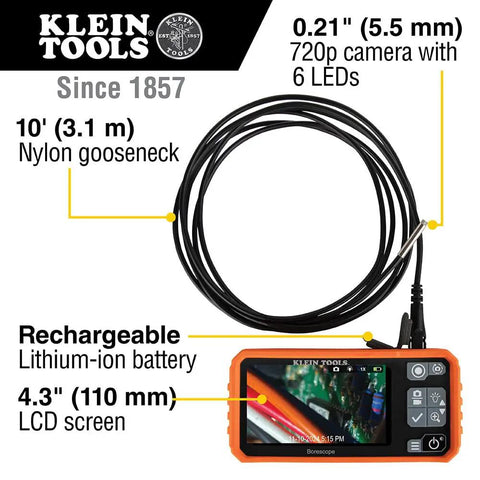 Rugged Utility Borescope Endoscope Camera With 9.8 Ft Waterproof Gooseneck 5.5 mm Insertion Tube Bright LEDs 4.3 Inch LCD