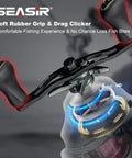 DCast Baitcaster Reel With Digital Control System Ultralight Fishing Gear close-up of handle with soft rubber grip, grey and red finish