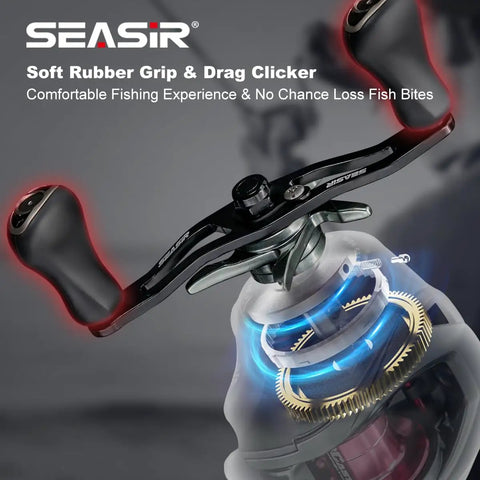 DCast Baitcaster Reel With Digital Control System Ultralight Fishing Gear close-up of handle with soft rubber grip, grey and red finish