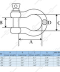 Technical diagram of Beefy Half Inch Bow Shackle For Chains Or Straps Heavy Duty D Ring Shackle Marine Grade Stainless Steel 316