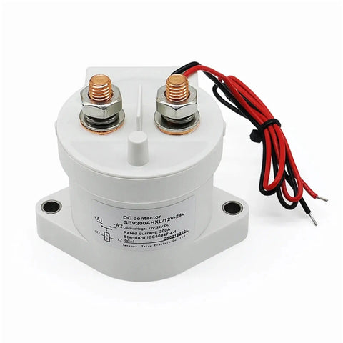Gotta Keep Your Ride Charging Slick With This Heavy Duty 200A DC Contactor Relay Switch Built For High Voltage EV Setups Running 12 To 48 Volts Plug And Play Pure Gold, close-up view of relay.