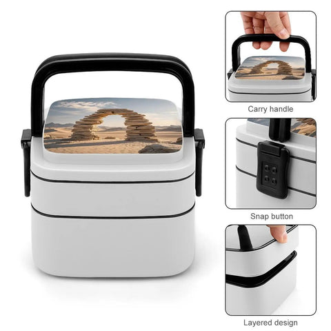 Double Layer Stackable Bento Lunch Box With Spoon Divider And Handle Leak Proof Meal Container for work with snap button
