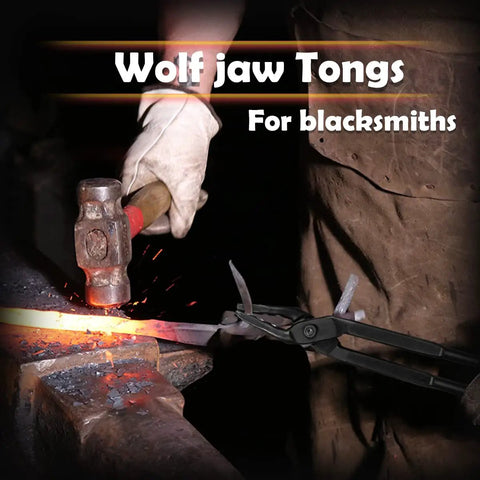 Wolf Jaw Tongs For Blacksmithing 15 Inch Beast Of A Forge Clamp gripping hot metal on an anvil