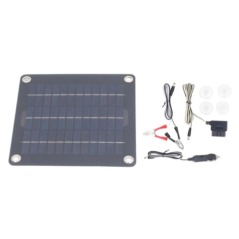 10W Monocrystalline Solar Panel Battery Charger Kit With OBD Charger And Battery Clips For Cars, Motorcycles, Boats, And RVs