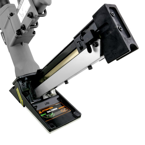 Three In One Pneumatic Flooring Nailer And Stapler For Tongue And Groove Hardwood close-up of tool mechanism and base plate