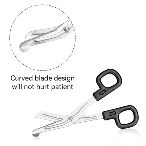 AED training kit: curved blade safety tool inset and stainless steel scissors with black handles.