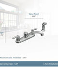 Two-Handle Chrome Kitchen Faucet With Duralock Quick Connect, dimensions and installation guide, side spray hose included.