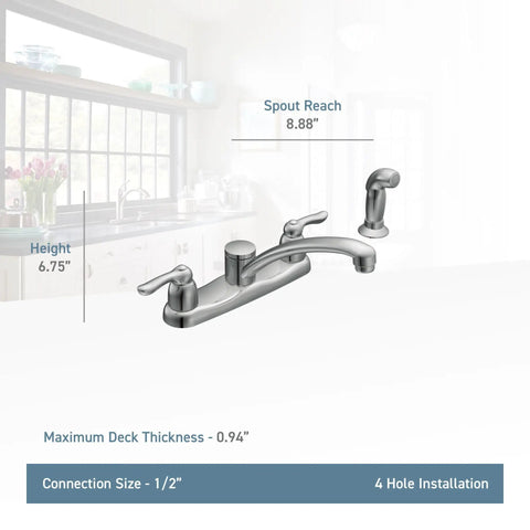 Two-Handle Chrome Kitchen Faucet With Duralock Quick Connect, dimensions and installation guide, side spray hose included.