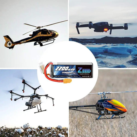 3S 120C 2200mAh LiPo Battery with XT60 plug in use with helicopters and drones showcasing versatile RC model application