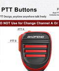 Dual PTT buttons on rugged handheld speaker microphone for two way radios with clear sound, rainproof, dust resistant.