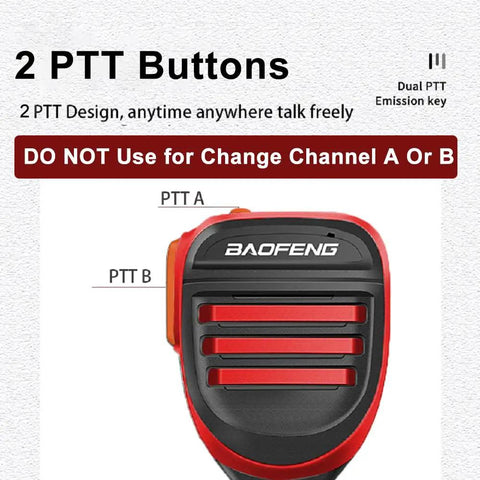 Dual PTT buttons on rugged handheld speaker microphone for two way radios with clear sound, rainproof, dust resistant.