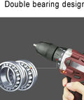 Heavy Hitter Cordless Lithium Electric Hammer Drill With Adjustable Speed And Forward Reverse Rotation Smooth Grip Impact Driver showing double bearing design and variable speed control.
