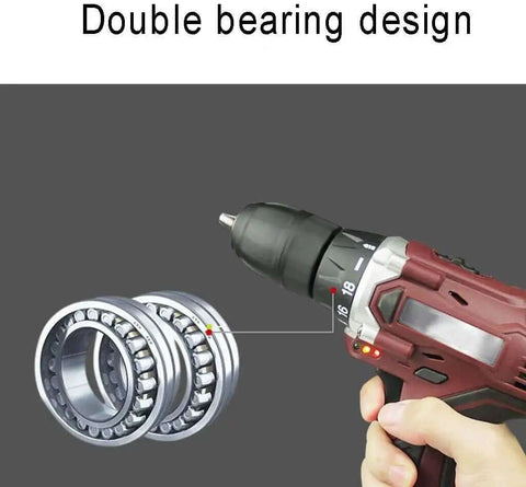 Heavy Hitter Cordless Lithium Electric Hammer Drill With Adjustable Speed And Forward Reverse Rotation Smooth Grip Impact Driver showing double bearing design and variable speed control.