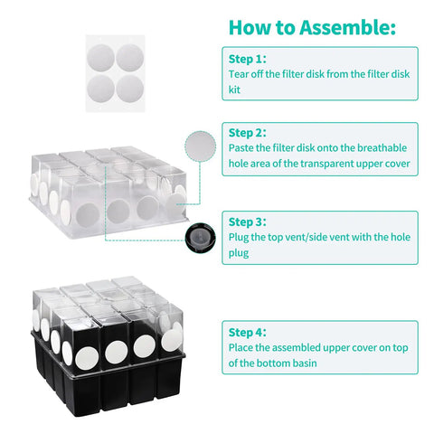How to assemble the Three Set Mushroom Grow Kit Monotub with Filter Disks 43.5 Quart Vegetable Planting Tray, step-by-step guide