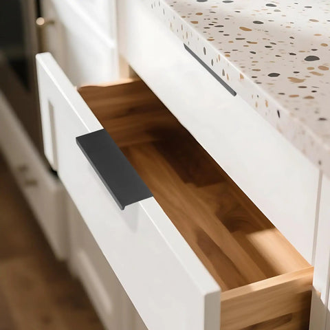 30 Pack Black Cabinet Handles Modern Drawer Pulls for Kitchen and Bath on white cabinet