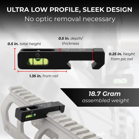 Picatinny Rail Leveling Kit With Ultra Low Profile Anti Cant Bubble Level In 6061 Aluminum Quick Install Includes 7/64 Inch Allen Wrench For Repeatable Shots And Cant Reduction, showing dimensions and weight on rail