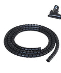 Black spiral cable protection sleeve 1M gray wrap organizer, shown coiled with a clip, 32mm diameter tidy tube plastic sheath.
