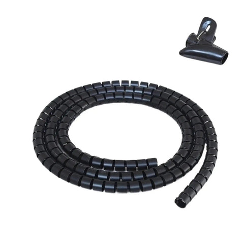 Black spiral cable protection sleeve 1M gray wrap organizer, shown coiled with a clip, 32mm diameter tidy tube plastic sheath.