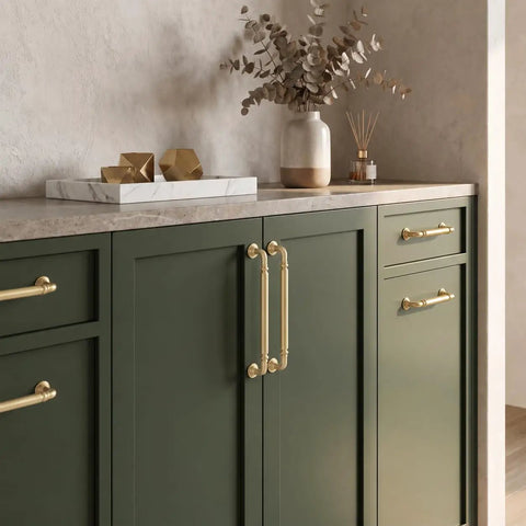 10-Pack Brushed Gold Cabinet Pulls 5-Inch Drawer Handles For Kitchen Digs Top-Shelf Zinc Alloy Hardware mounted on green cabinets.