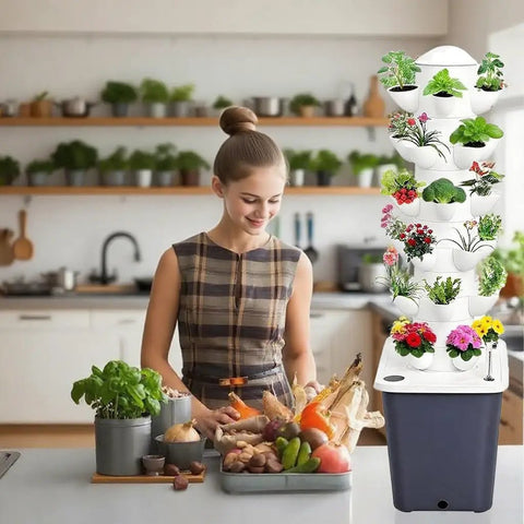 Woman using Dope High Yield 30 Pod Indoor Hydroponic Tower Garden System With Movable Water Tank And Pump Vertical Indoor Planter.