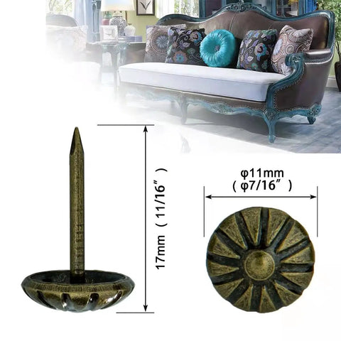Top Notch Antique Brass Upholstery Tacks Hella Sturdy Daisy Pattern Nails For Diy Furniture Makeover Sweet Home Decor Trim One Hundred Piece Set Seven Sixteenths Inch Thickened Heads and dimensions beside vintage sofa.