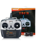 8 Channel 2.4GHz RC Remote Transmitter with R8EF Receiver, dual stick controller, box and components displayed