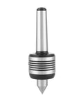 Front view of MT3 live center; steel body with black grip rings and conical tip.