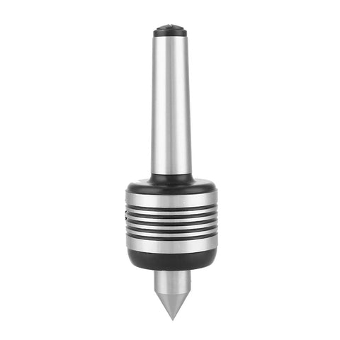 Front view of MT3 live center; steel body with black grip rings and conical tip.