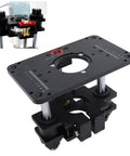 Heavy Duty Router Lift Platform Built Solid From Aluminum For Slick Manual Crank Tweaks And No Sweat Height Adjustments On Any Serious Carpentry Bench Station top view showing precise adjustment features.