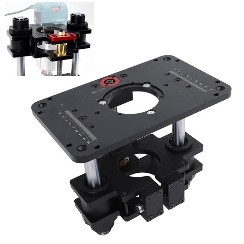 Heavy Duty Router Lift Platform Built Solid From Aluminum For Slick Manual Crank Tweaks And No Sweat Height Adjustments On Any Serious Carpentry Bench Station top view showing precise adjustment features.