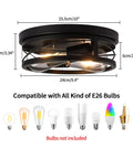 Farmhouse Black 2 Light Flush Mount Ceiling Light Fixture With Industrial Metal Cage Shade, bulb compatibility diagram