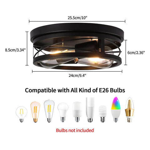 Farmhouse Black 2 Light Flush Mount Ceiling Light Fixture With Industrial Metal Cage Shade, bulb compatibility diagram