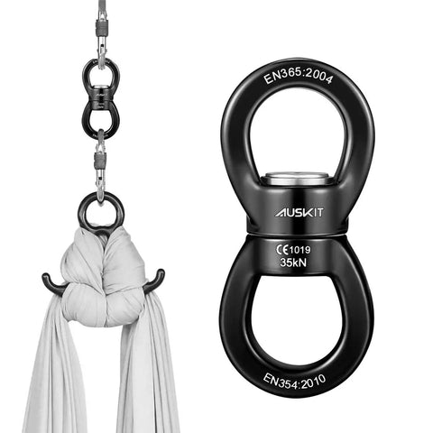 Beefy Black Swing Swivel With 360 Degree Rotation, Industrial Grade Hanging Accessory, 35 kN Capacity shown with white hammock setup.