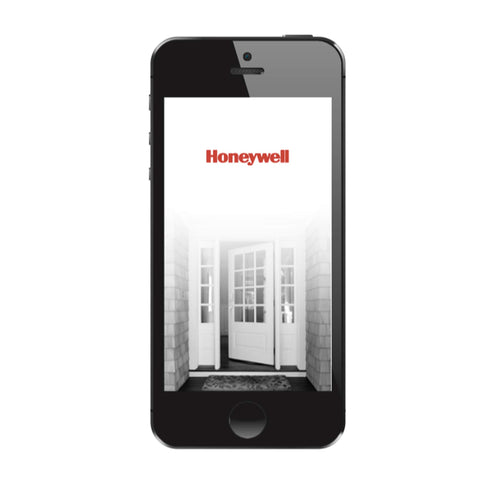 Smartphone displaying Honeywell app interface for Bluetooth Smart Lock Deadbolt with Keypad and Square Faceplate, front door security.