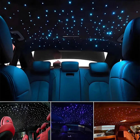 Home Fiber Optic Star Ceiling Kit With Twinkle And Music Effects, RGBW Light Engine showcasing starry effect in car interior