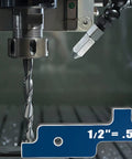 Setup Block Height Gauge Set For Router Table And Table Saw Precision in use, close-up of metal drill and gauge, 1/2 inch marker