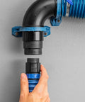 Click Connect Flexi Port Two And A Half Inch Fitting Adapter for dust collection installed on wall with blue and black connectors