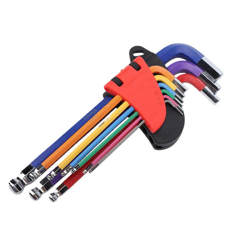Awesome 9-Piece Colored Metric Hex Key Set With Ball End Wrenches Made From Hardened Crv And S2 Steel Perfect For Bike Repair Furniture Building And Electrical Fixes With Non Slip Grip And Super Durable Color Coded Design, color-coded hex keys on holder