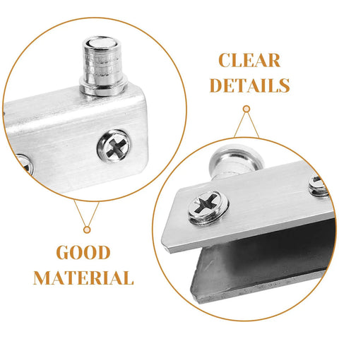 Close-up of Stainless Steel Glass Door Hinges for 5 to 7mm Thick Glass, highlighting screws and pivot design details.