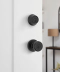 Maven Front Door Lock Set With Handleset And Deadbolt, matte black round exterior, interior door knob, SmartKey Security