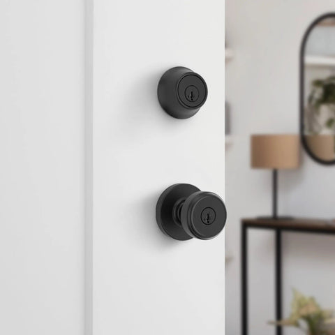 Maven Front Door Lock Set With Handleset And Deadbolt, matte black round exterior, interior door knob, SmartKey Security