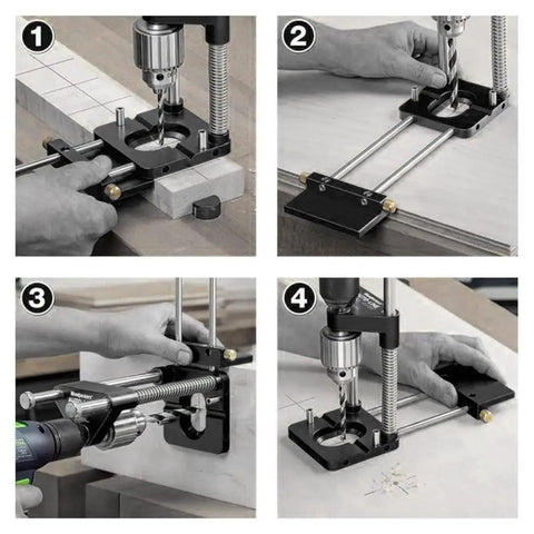 No Sweat Adjustable Woodworking Drill Guide With Precision Drilling Template For Straight Plastic And Metal Hole Punch Locator in use.