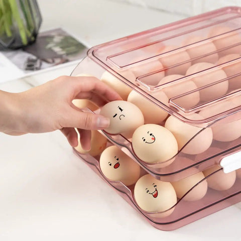 Clear Pink Egg Storage Bin For Fridge With Lid 2 Layer Stackable Egg Organizer 36 Count Dispenser Auto Rolling Egg Holder