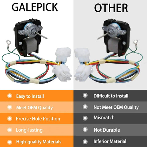 Comparison of two refrigerator evaporator fan motor kits side by side with installation and quality differences highlighted