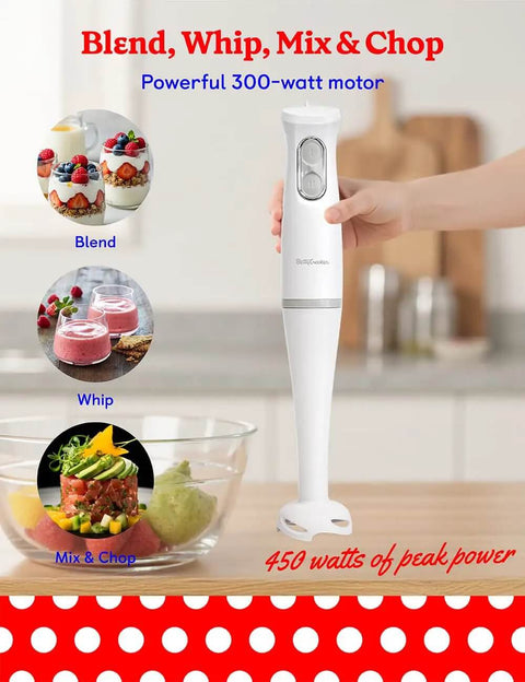 Slick Two Speed Hand Blender With Beast Mode 300W Peak Motor and Nifty 20oz Mixing Cup in kitchen setting.