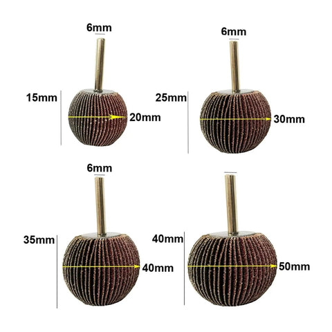 Five Piece Set Spherical Sandpaper Flap Wheels With 6mm Shank For Rotary Tools Polishing Ball Shapes 20mm 30mm 40mm 50mm Heads