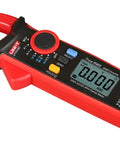 UT210D Mini Clamp Meter For AC/DC Current Testing with True RMS, red handheld meter with digital display, shows 0.000 readings