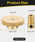 Brass Worm Gear Set 60T 0.5 Module 60 To 1 Reduction Right Rotation Drive Gear Box Wheel Transmission Part With Brass Gear 3mm Bore And Brass Rod 2mm Bore Heavy Duty Precision Gear Assembly size view showing 31mm gear and 12mm worm
