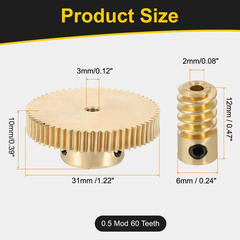Brass Worm Gear Set 60T 0.5 Module 60 To 1 Reduction Right Rotation Drive Gear Box Wheel Transmission Part With Brass Gear 3mm Bore And Brass Rod 2mm Bore Heavy Duty Precision Gear Assembly size view showing 31mm gear and 12mm worm